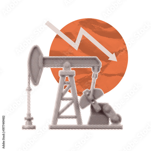Oil price drop and energy crisis concept. Retro halftone collage of oil rig with falling arrow on red sun background. Vintage pop art vector illustration for fuel market crash and economic recession.
