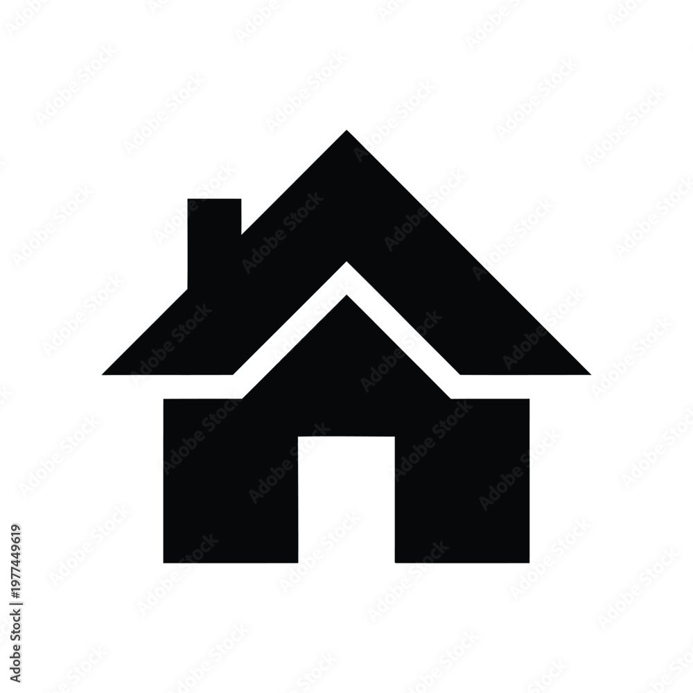 Fototapeta premium Minimalist black and white icon of a house with a triangular roof and chimney, isolated on white background