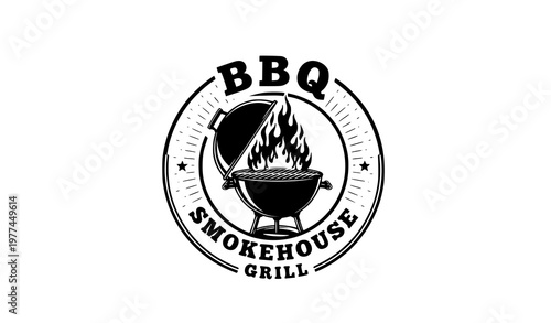 Retro barbecue grill logo with flame silhouette vector illustration