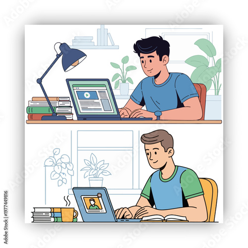 Young man student study at home using laptop and learning online vector icon