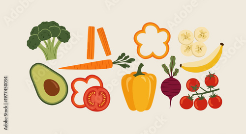 Colorful illustration of fresh vegetables and fruits