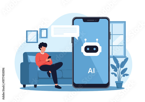 Flat style vector illustration of person talking to AI assistant on smartphone in modern living room, everyday artificial intelligence helping with daily tasks and communication