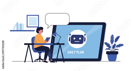 Flat style vector illustration of AI helping person plan daily schedule on tablet at home desk, productivity and time management with artificial intelligence assistant concept