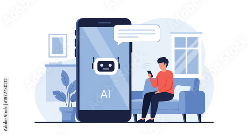 Flat style vector illustration of person talking to AI assistant on smartphone in modern living room, everyday artificial intelligence helping with daily tasks and communication