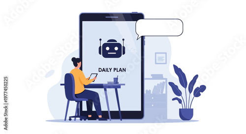 Flat style vector illustration of AI helping person plan daily schedule on tablet at home desk, productivity and time management with artificial intelligence assistant concept