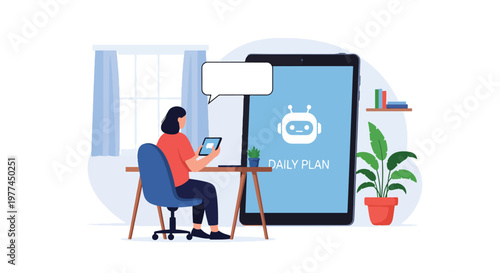 Flat style vector illustration of AI helping person plan daily schedule on tablet at home desk, productivity and time management with artificial intelligence assistant concept