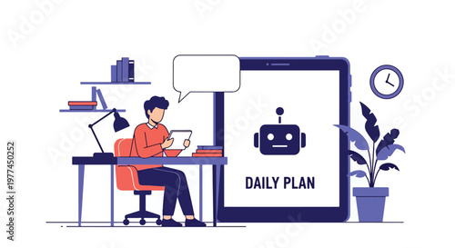 Flat style vector illustration of AI helping person plan daily schedule on tablet at home desk, productivity and time management with artificial intelligence assistant concept