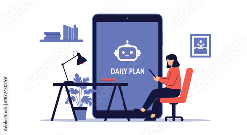 Flat style vector illustration of AI helping person plan daily schedule on tablet at home desk, productivity and time management with artificial intelligence assistant concept