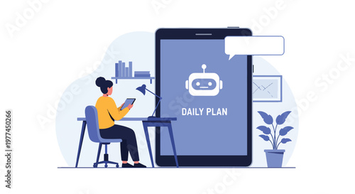 Flat style vector illustration of AI helping person plan daily schedule on tablet at home desk, productivity and time management with artificial intelligence assistant concept