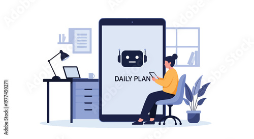 Flat style vector illustration of AI helping person plan daily schedule on tablet at home desk, productivity and time management with artificial intelligence assistant concept
