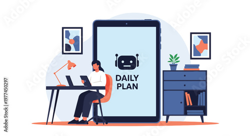 Flat style vector illustration of AI helping person plan daily schedule on tablet at home desk, productivity and time management with artificial intelligence assistant concept