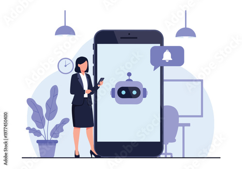 Flat style vector illustration of person receiving AI reminder notification on smartphone for daily tasks, productivity and personal organization concept in modern minimal style