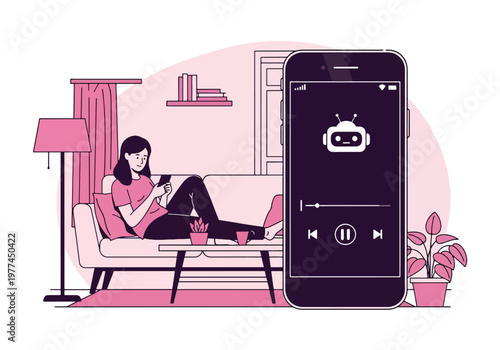 Flat style vector illustration of AI suggesting music playlist to user wearing headphones, personalized entertainment and recommendation system concept in clean modern style