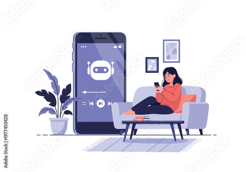 Flat style vector illustration of AI suggesting music playlist to user wearing headphones, personalized entertainment and recommendation system concept in clean modern style