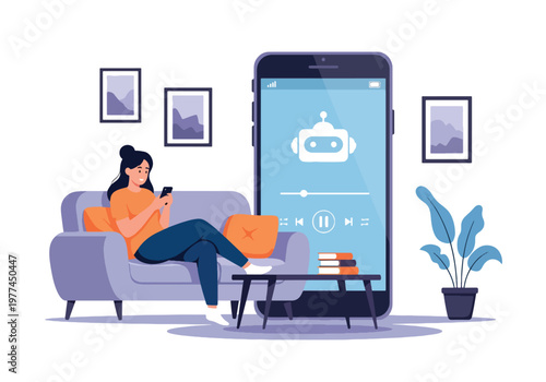 Flat style vector illustration of AI suggesting music playlist to user wearing headphones, personalized entertainment and recommendation system concept in clean modern style