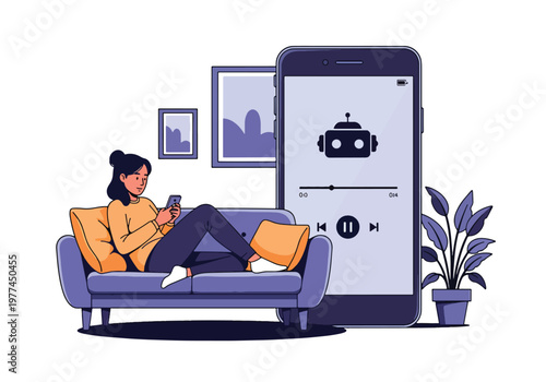Flat style vector illustration of AI suggesting music playlist to user wearing headphones, personalized entertainment and recommendation system concept in clean modern style