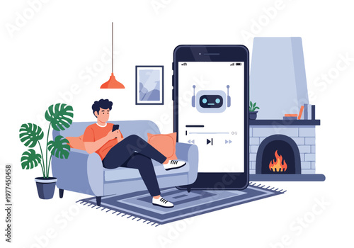 Flat style vector illustration of AI suggesting music playlist to user wearing headphones, personalized entertainment and recommendation system concept in clean modern style