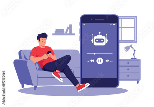 Flat style vector illustration of AI suggesting music playlist to user wearing headphones, personalized entertainment and recommendation system concept in clean modern style