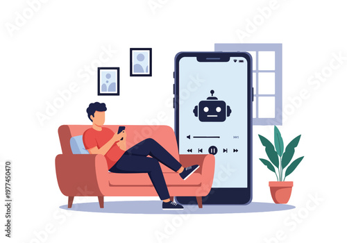 Flat style vector illustration of AI suggesting music playlist to user wearing headphones, personalized entertainment and recommendation system concept in clean modern style