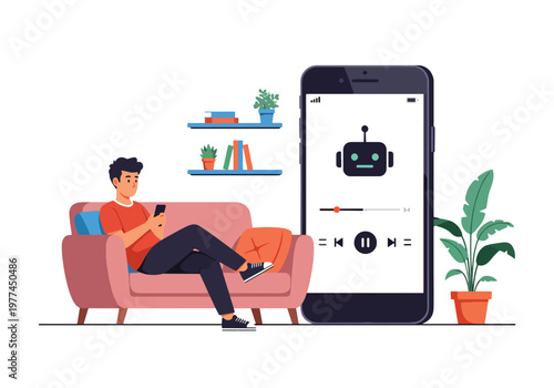Flat style vector illustration of AI suggesting music playlist to user wearing headphones, personalized entertainment and recommendation system concept in clean modern style
