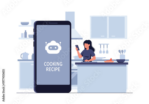 Flat style vector illustration of person using AI cooking recipe on tablet in kitchen, smart assistant guiding meal preparation and home cooking concept