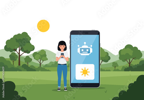 Flat style vector illustration of person checking AI weather forecast on smartphone near window, smart assistant providing real time weather updates in daily life