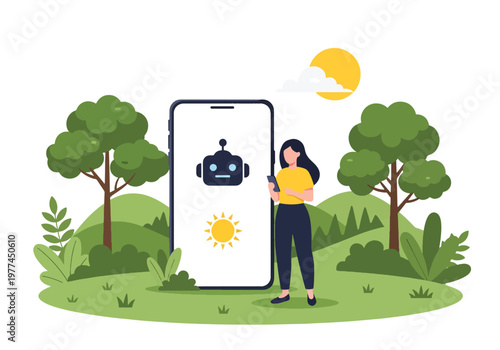Flat style vector illustration of person checking AI weather forecast on smartphone near window, smart assistant providing real time weather updates in daily life