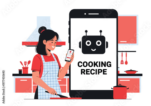 Flat style vector illustration of person using AI cooking recipe on tablet in kitchen, smart assistant guiding meal preparation and home cooking concept