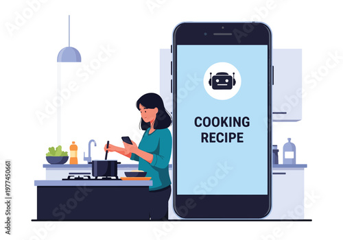 Flat style vector illustration of person using AI cooking recipe on tablet in kitchen, smart assistant guiding meal preparation and home cooking concept