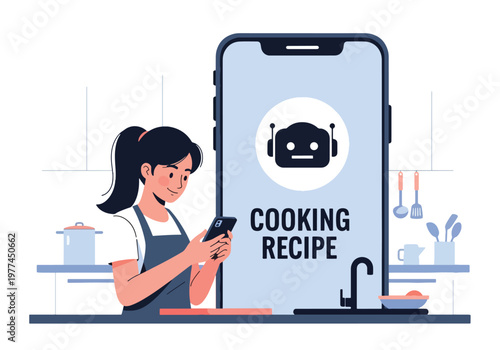 Flat style vector illustration of person using AI cooking recipe on tablet in kitchen, smart assistant guiding meal preparation and home cooking concept