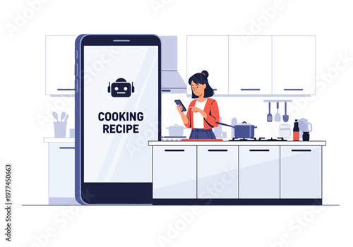 Flat style vector illustration of person using AI cooking recipe on tablet in kitchen, smart assistant guiding meal preparation and home cooking concept