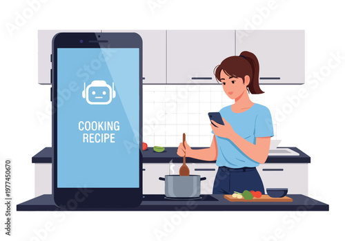 Flat style vector illustration of person using AI cooking recipe on tablet in kitchen, smart assistant guiding meal preparation and home cooking concept