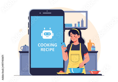 Flat style vector illustration of person using AI cooking recipe on tablet in kitchen, smart assistant guiding meal preparation and home cooking concept