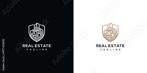 Modern Real Estate Logo with City Skyscrapers in a Protective Shield