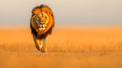 Majestic lion walking across a vast golden savannah at sunrise, soft light, powerful presence, realistic wildlife photography