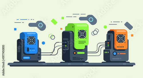 Colorful portable power stations with cables connected