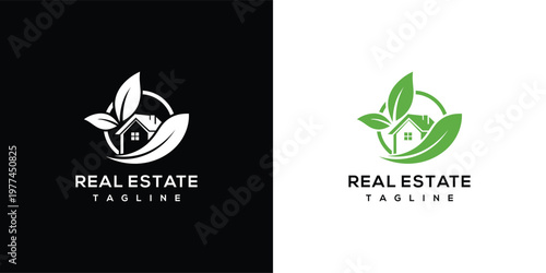 Green Real Estate Logo Design with House and Leaves for Eco-Friendly Property