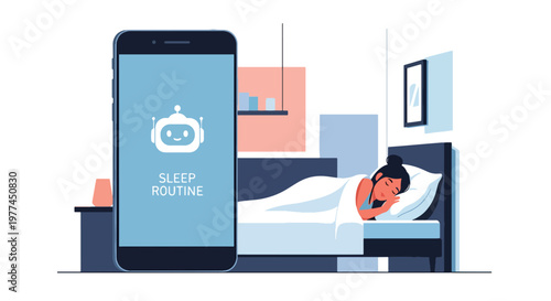 Flat style vector illustration of AI helping person manage sleep routine in bedroom at night, smart assistant improving rest and healthy lifestyle habits