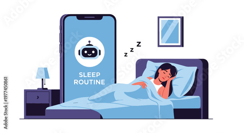 Flat style vector illustration of AI helping person manage sleep routine in bedroom at night, smart assistant improving rest and healthy lifestyle habits