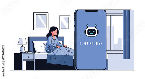 Flat style vector illustration of AI helping person manage sleep routine in bedroom at night, smart assistant improving rest and healthy lifestyle habits