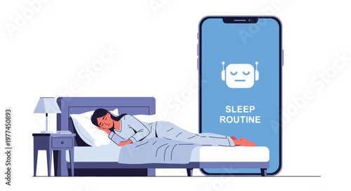 Flat style vector illustration of AI helping person manage sleep routine in bedroom at night, smart assistant improving rest and healthy lifestyle habits