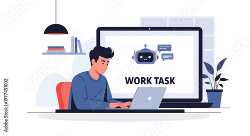 Flat style vector illustration of person using AI assistant on laptop for work tasks, productivity and digital automation in modern workspace environment