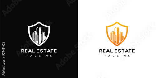 Real Estate Shield Logo with City Skyline Design for Property Business