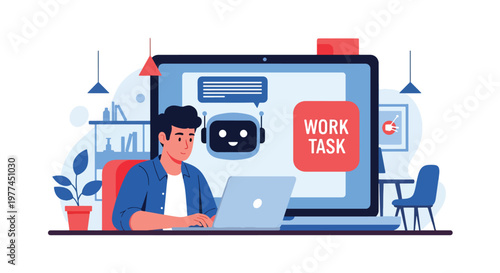 Flat style vector illustration of person using AI assistant on laptop for work tasks, productivity and digital automation in modern workspace environment