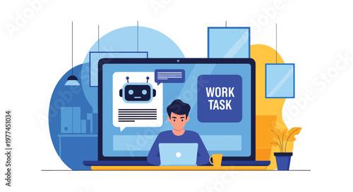 Flat style vector illustration of person using AI assistant on laptop for work tasks, productivity and digital automation in modern workspace environment