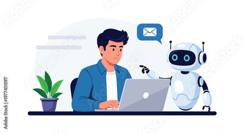 Obraz na płótnie Flat style vector illustration of AI helping employee write email on computer, b