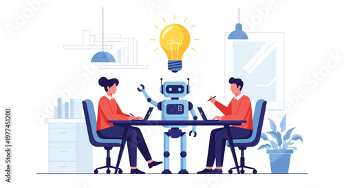 Flat style vector illustration of person brainstorming ideas with AI chatbot on screen, creative thinking and digital collaboration concept in modern style