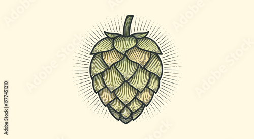 Retro botanical engraving style vintage hop cone illustration, perfect for craft beverage branding and label designs