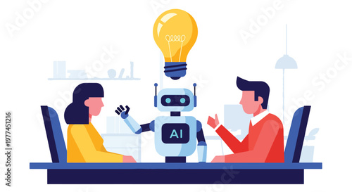 Flat style vector illustration of person brainstorming ideas with AI chatbot on screen, creative thinking and digital collaboration concept in modern style