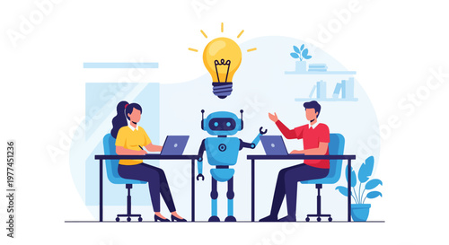 Flat style vector illustration of person brainstorming ideas with AI chatbot on screen, creative thinking and digital collaboration concept in modern style